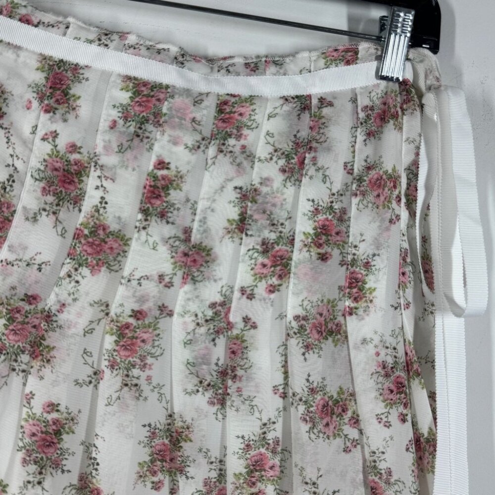 Frime White Floral Pleated Midi Skirt Size L Romantic Cottagecore Flowy Vintage - Picture 6 of 13